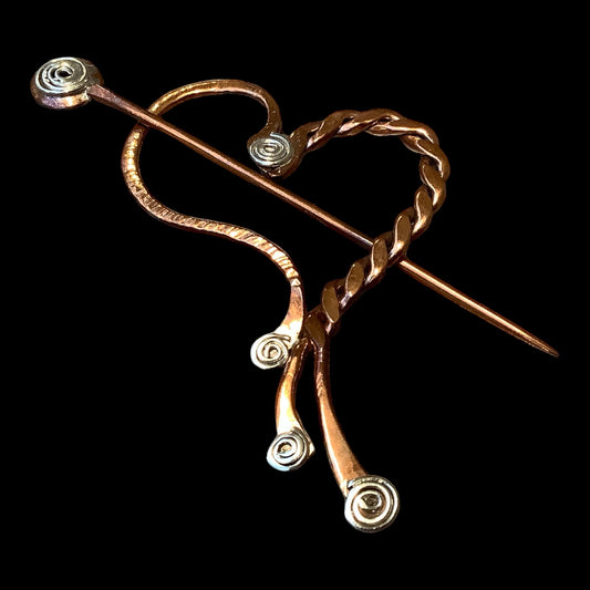Heart and Spirals copper and silver brooch