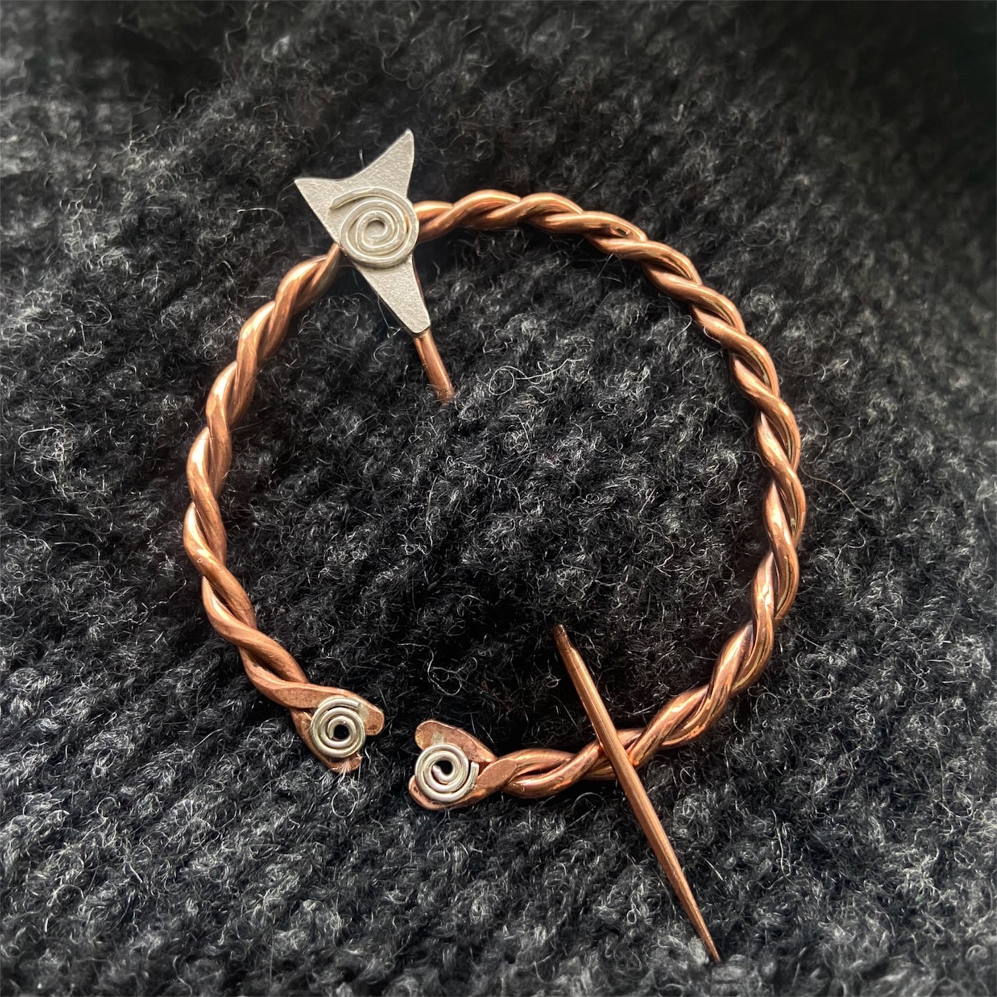 Celtic pennanular copper and sterling silver brooch